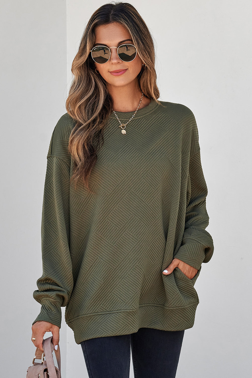 Coffee Solid Color Textured Round Neck Drop Shoulder Pullover Sweatshirt