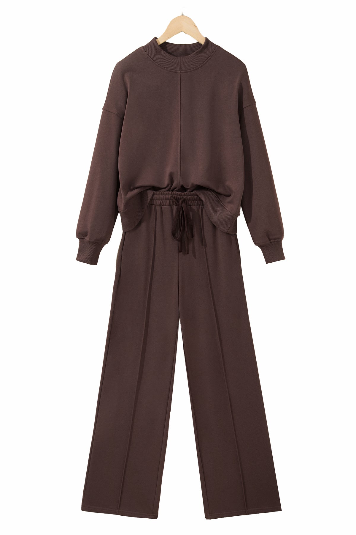 Coffee Solid Color Mock Neck Pullover Drawstring Pants Set