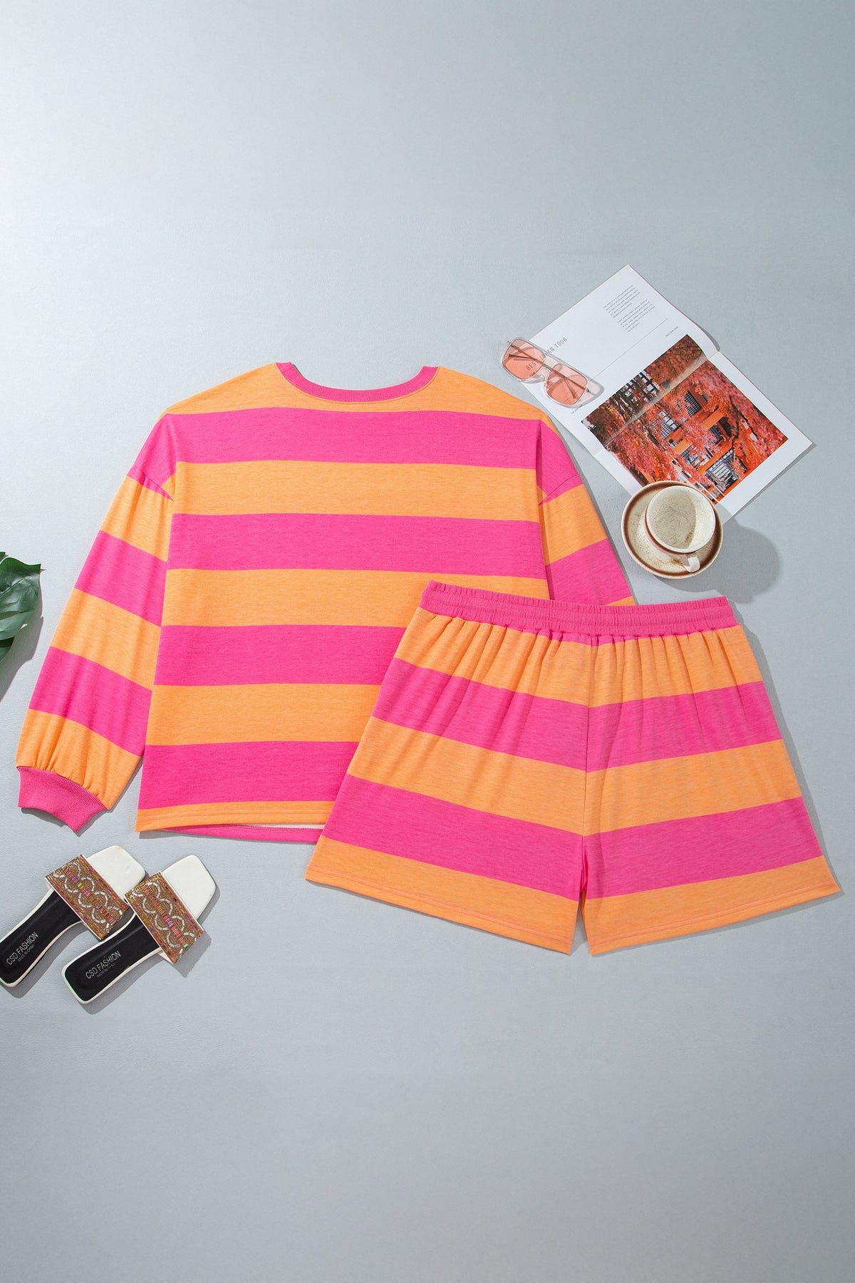 Pink + Orange Stripe Plus Size Long Sleeve Top Drawstring Short Set