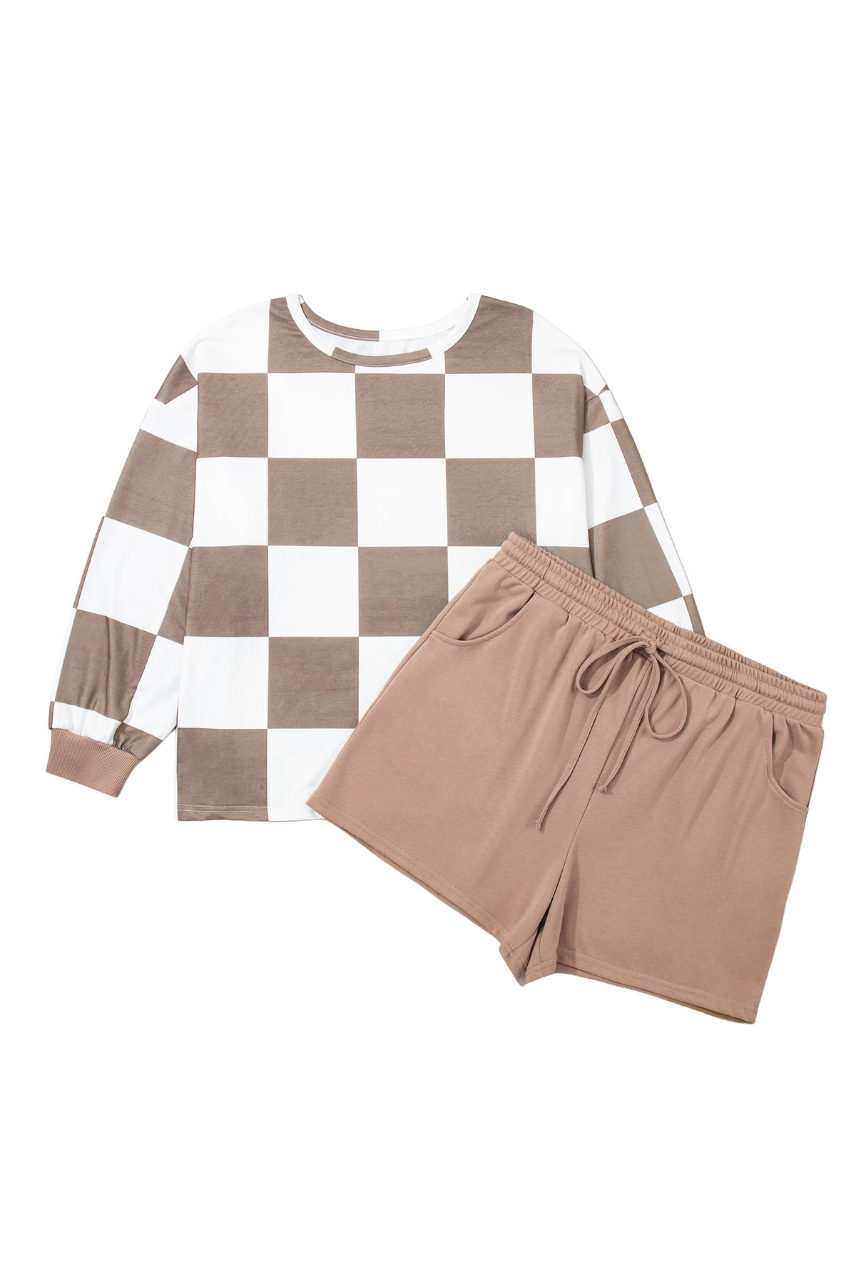 Checkered Contrast Long Sleeve Top Solid Shorts Set