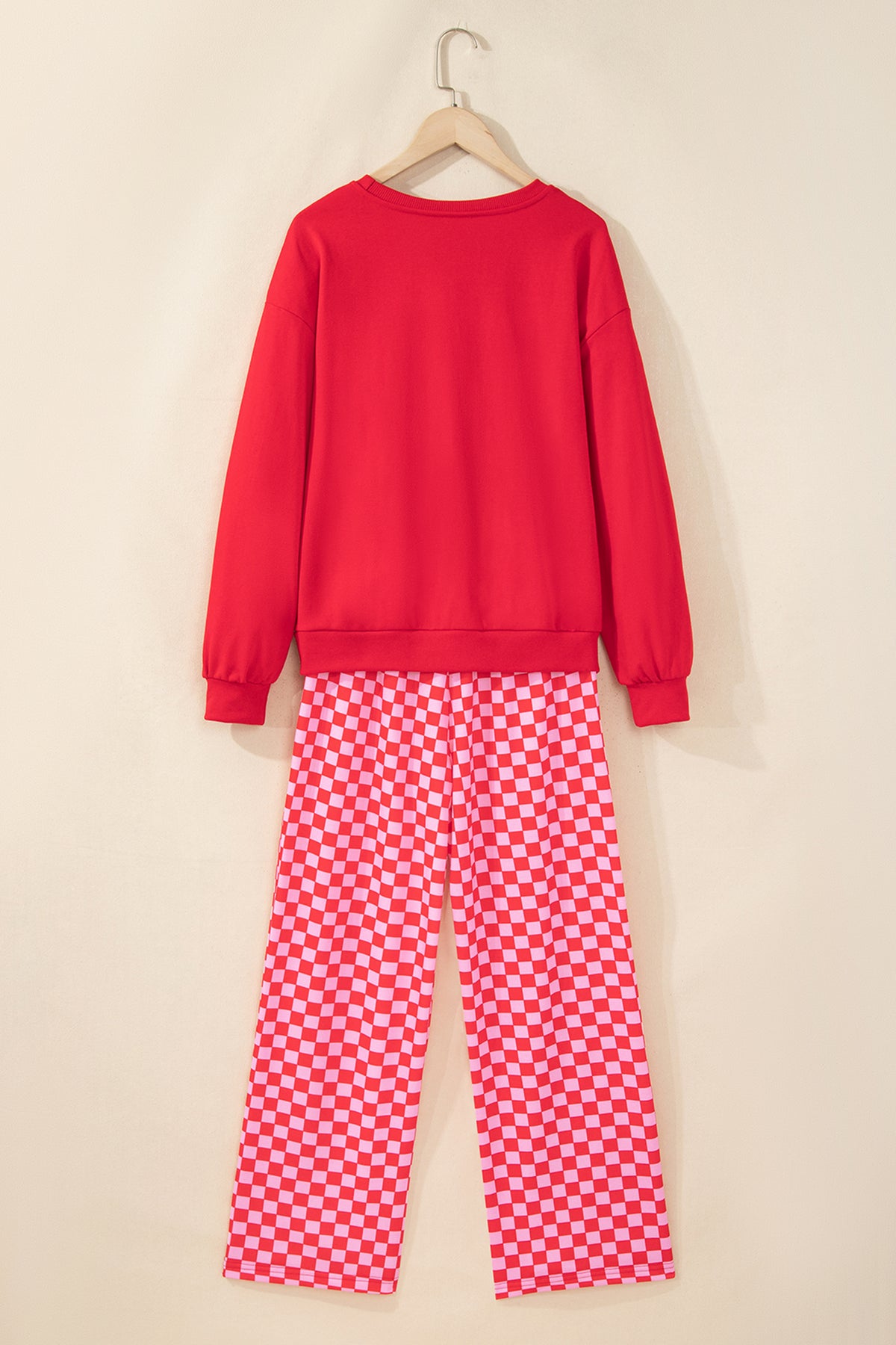 Red Christmas Graphic Plaid Contrast Pant Set