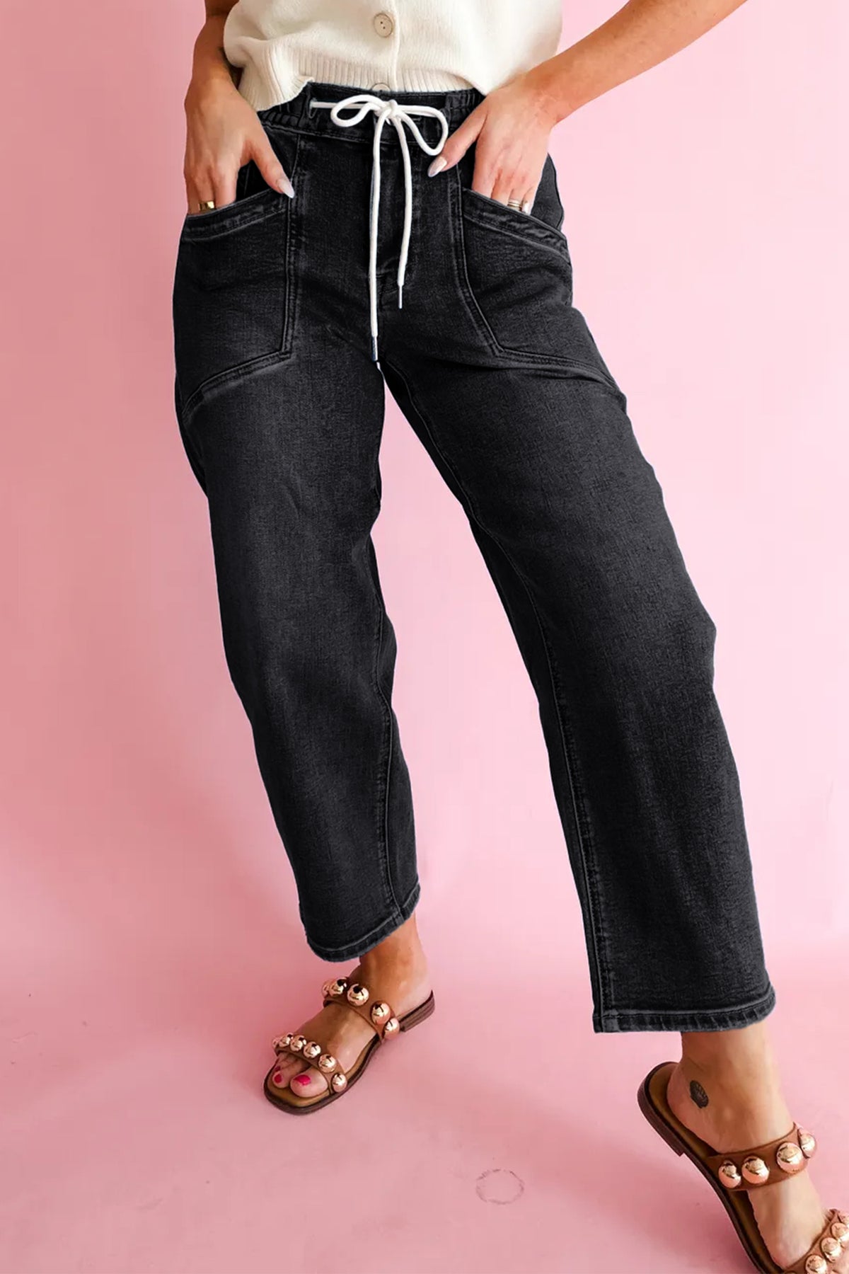 Drawstring Waist Ankle Length Casual Jeans Regular Fit Pocket Detail Denim Pants