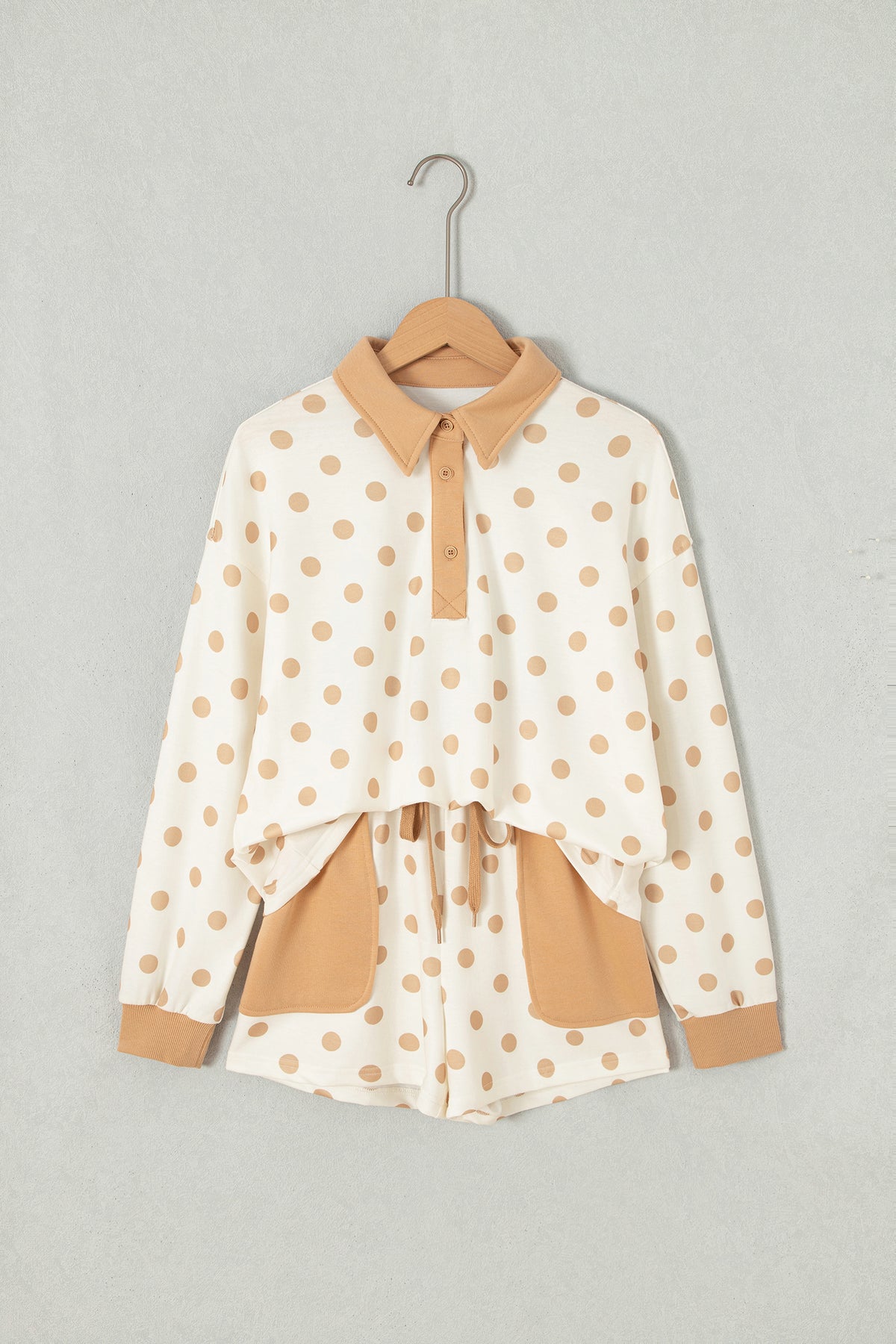 Polka Dot Drop Shoulder Polo Loose Pullover Patch Pocket Casual Shorts Set