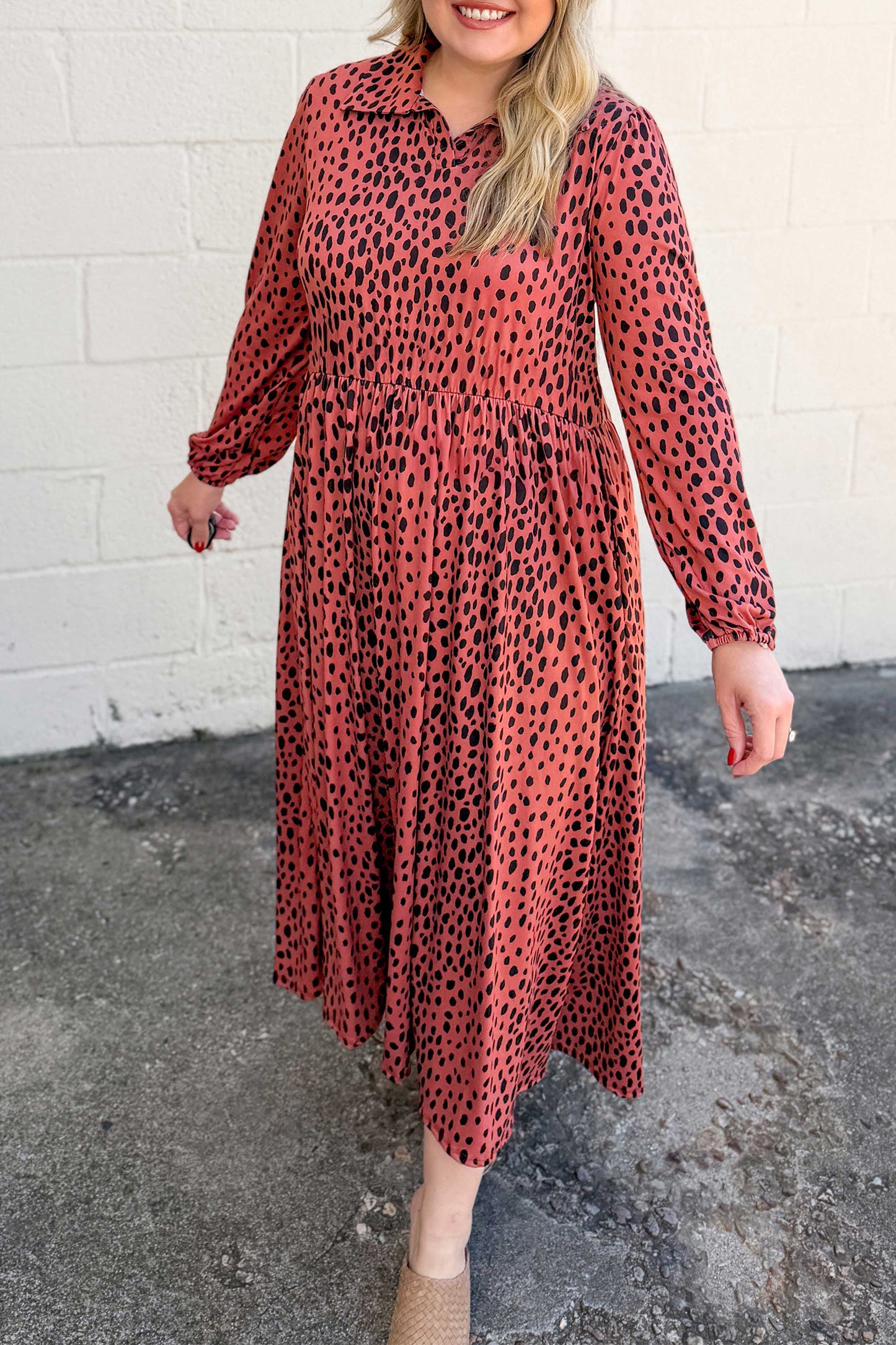 Red Leopard Print Long Sleeve V Neck Midi Dress