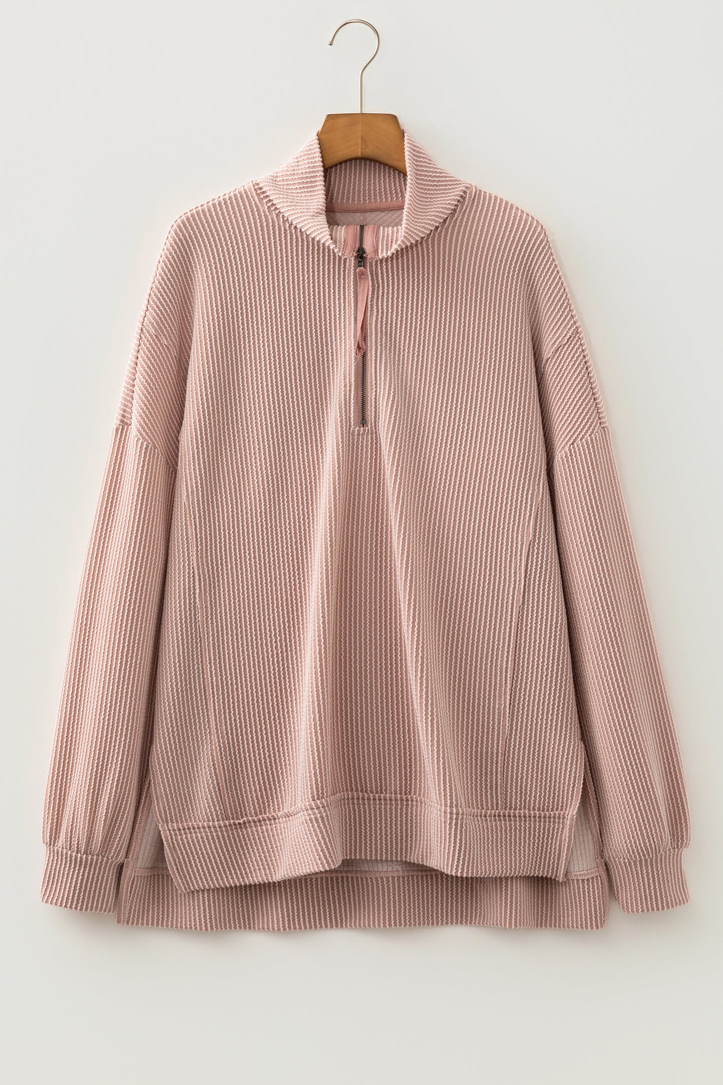 Oatmeal Twist Ribbed Zipper Collar Drop Shoulder Long Sleeve Top