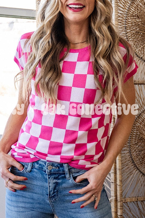 Pink Checkered Short Sleeve Sweater Top