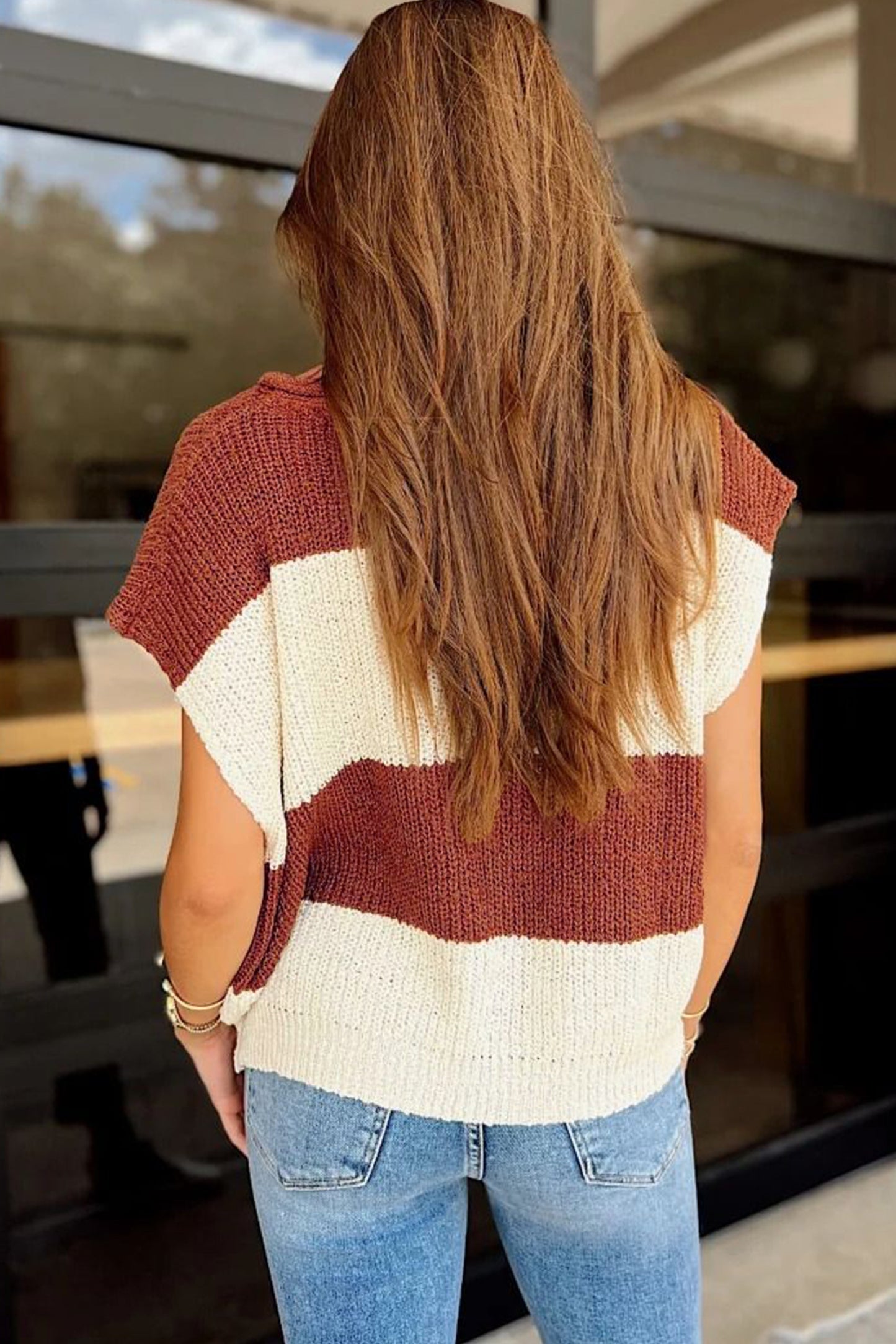 Stripe Striped Colorblock Knit V Neck Short Sleeve Loose Sweater