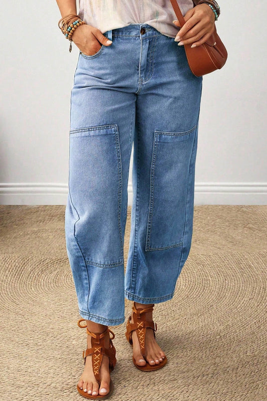 Decorative Seam Patchwork Detail Solid Color Jeans