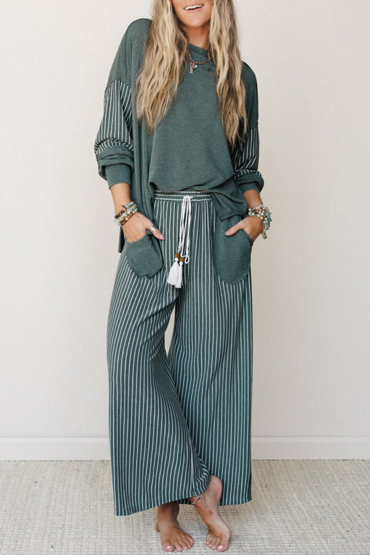 Raw Seam Patchwork Long Sleeve Top Pocket Casual Pants Set