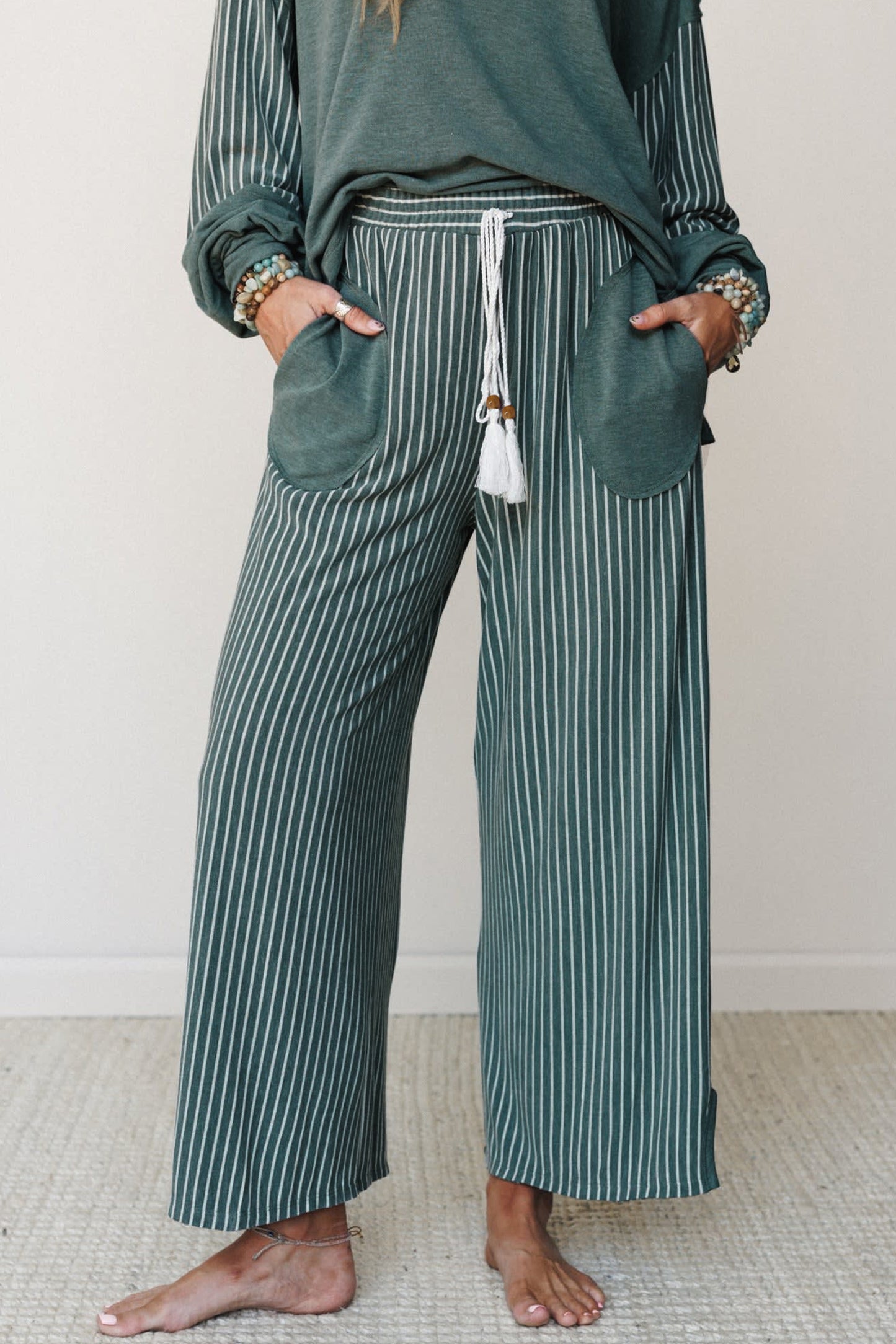 Fushia Raw Seam Patchwork Long Sleeve Top Pocket Casual Pants 2pcs Set