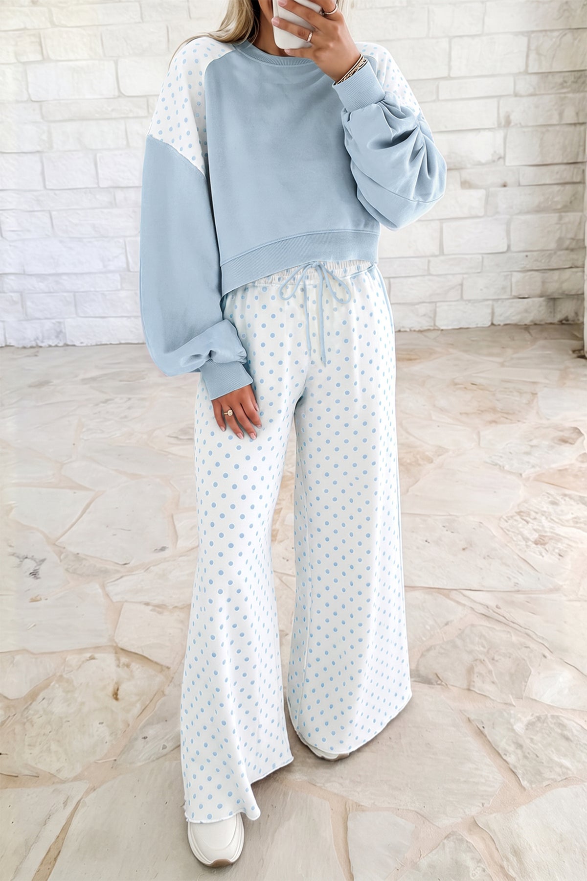 Polka Dot Patchwork Colorblock Long Sleeve Casual Two Piece Pants Set