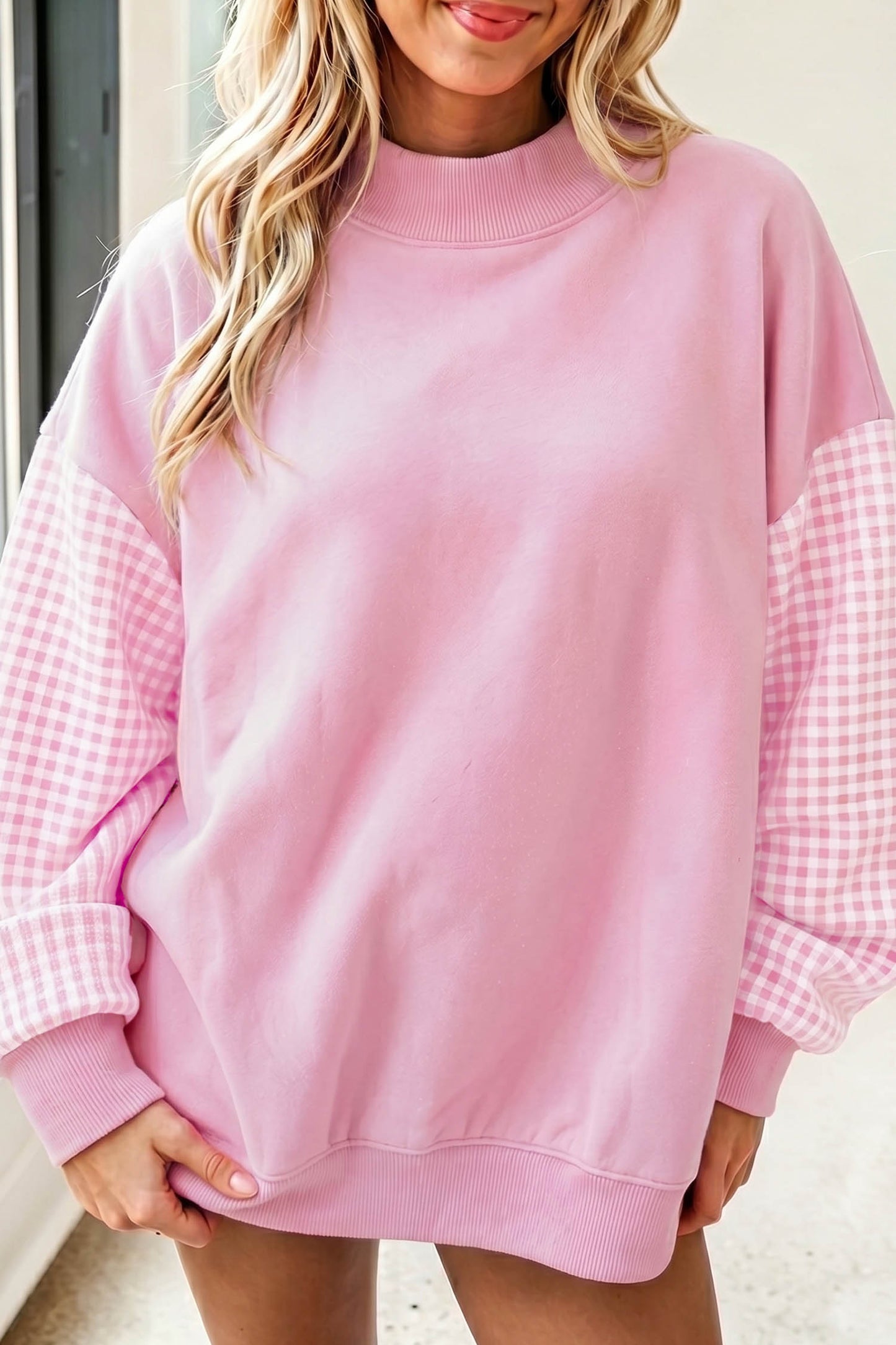 Plaid Sleeve Colorblock Loose Sweatshirt