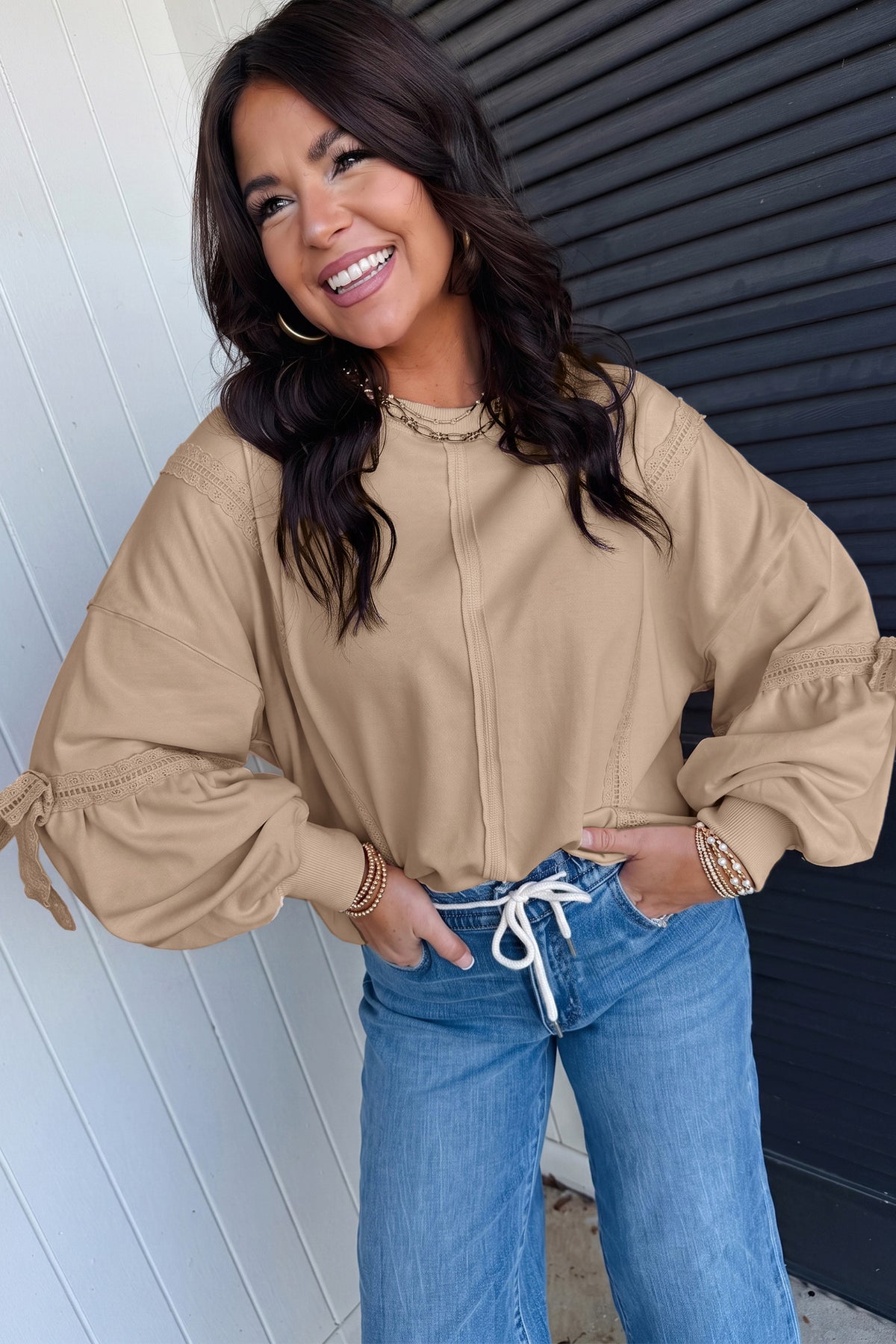 Solid Color Raw Seam Lace Detail Loose Casual Sweatshirt