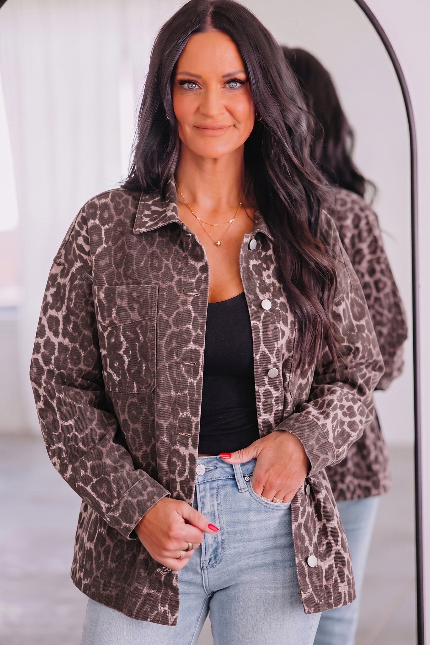 Oversized Leopard Print Long Sleeve Patch Pocket Denim Jacket