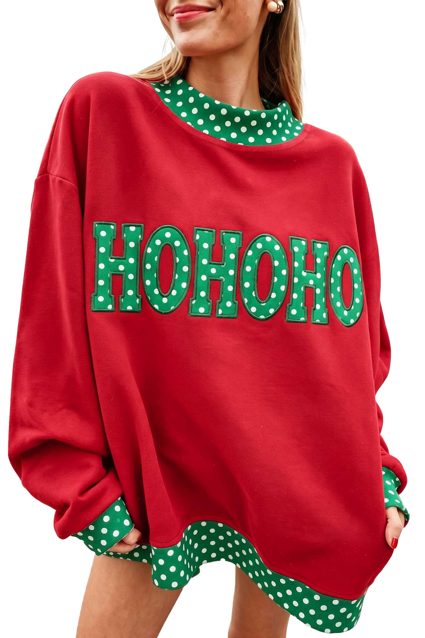 Polka Dot Letter Print Contrast Trim Mock Neck Sweatshirt