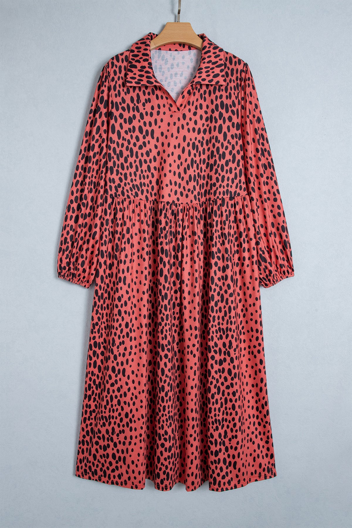 Red Leopard Print Long Sleeve V Neck Midi Dress