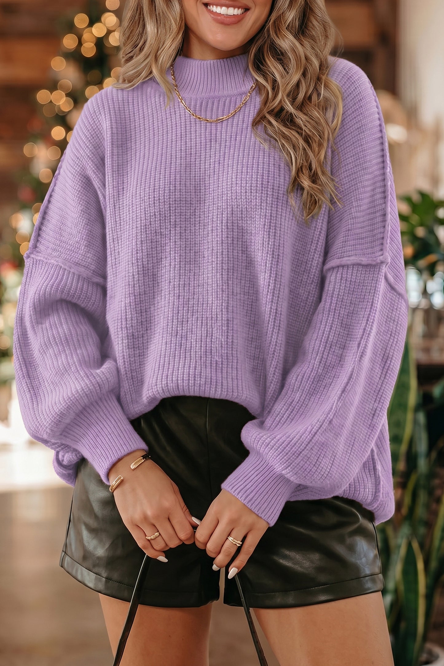 Orchid Bouquet Long Sleeve Ribbed Knit Stand Neck Regular Fit Sweater