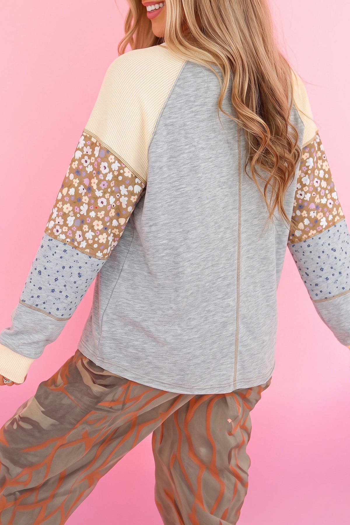 Color Block Floral Waffle Mixed Patchwork Long Sleeve Top