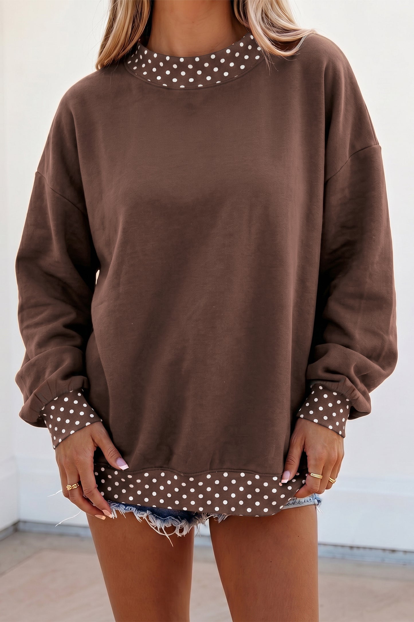 Pink Colorblock Polka Dot Contrast Trim Oversized Sweatshirt