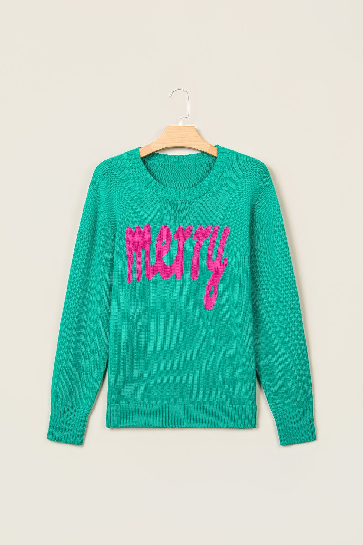 Merry Print Ribbed Trim Round Neck Loose Fit Sweater