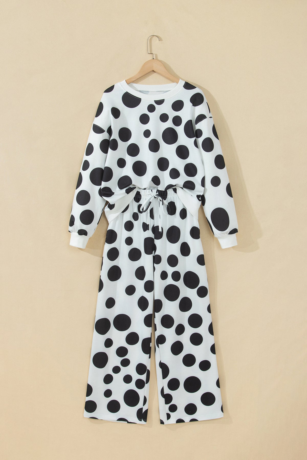 Polka Dot Long Sleeve Top Drawstring Relaxed Pants Set