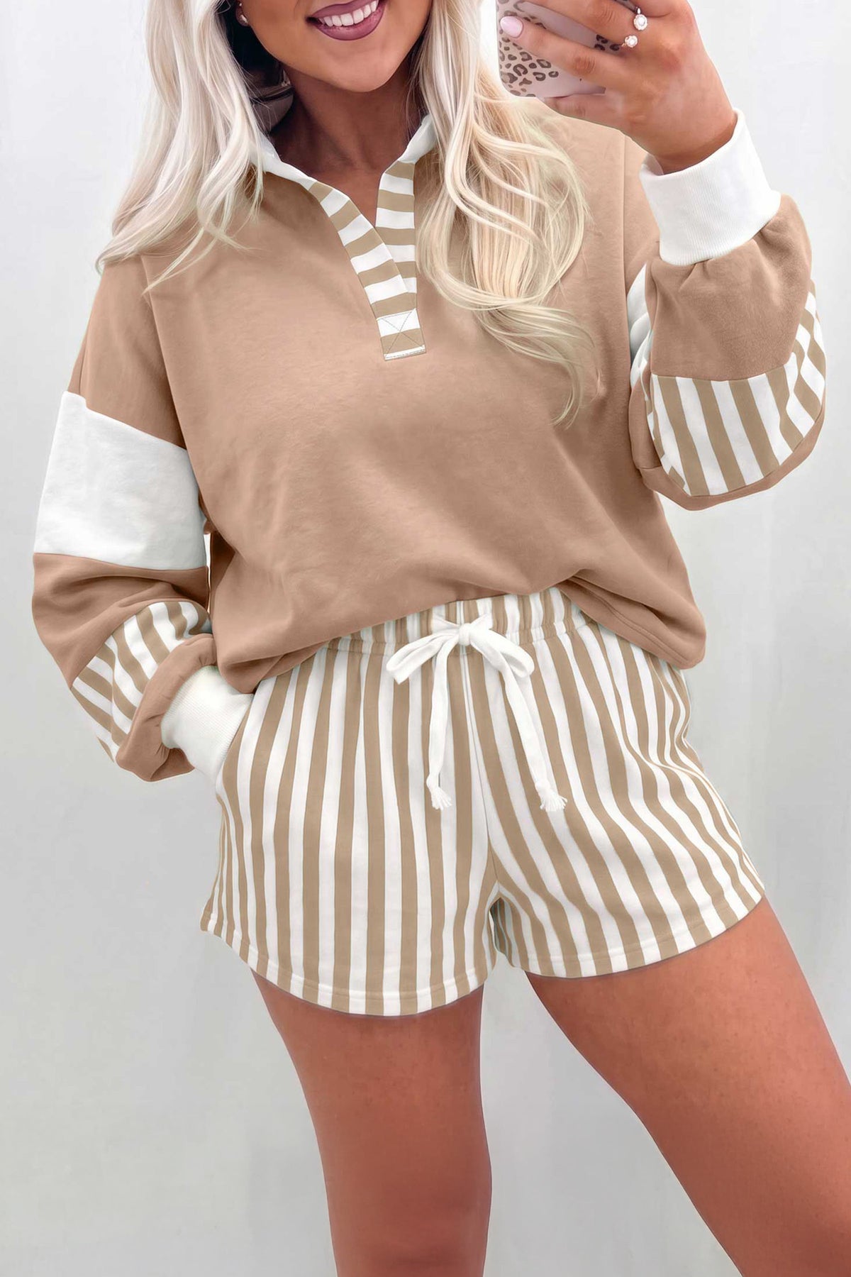 Striped Color Block Pullover Top Drawstring Shorts Set