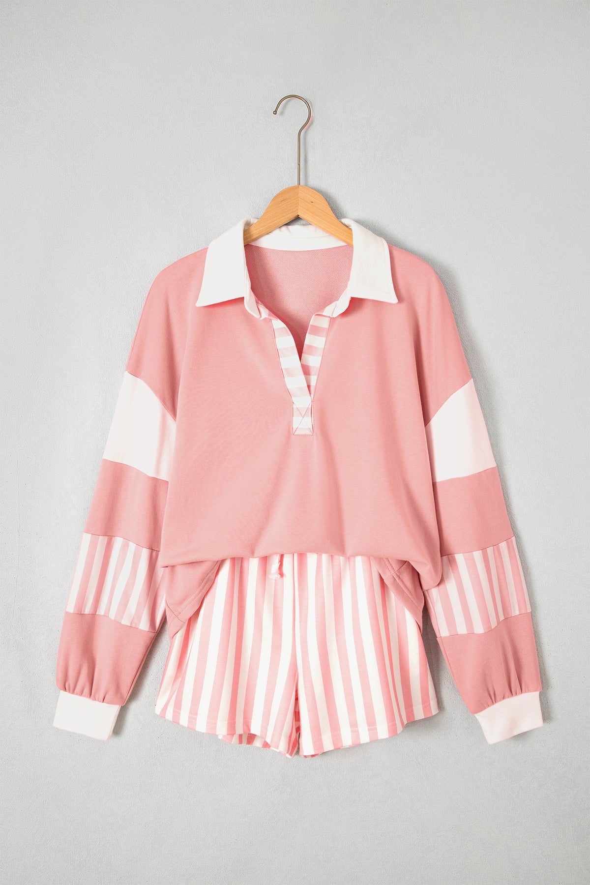 Striped Color Block Pullover Top Drawstring Shorts Set