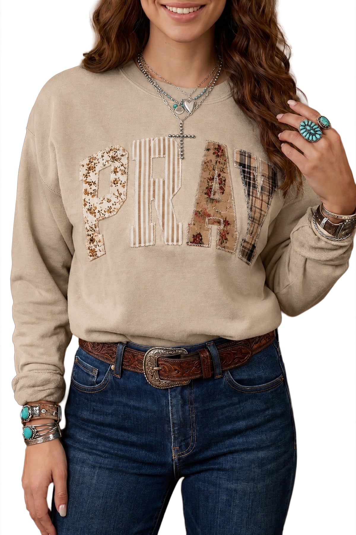 Floral Buffalo Plaid Striped Embroidered Patch Western Pullover Sweatshirt