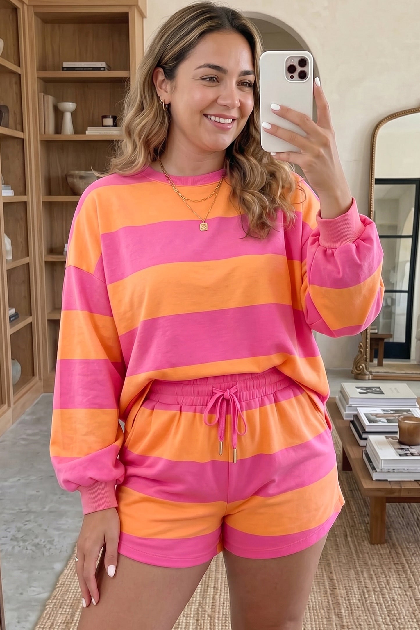 Pink + Orange Stripe Plus Size Long Sleeve Top Drawstring Short Set