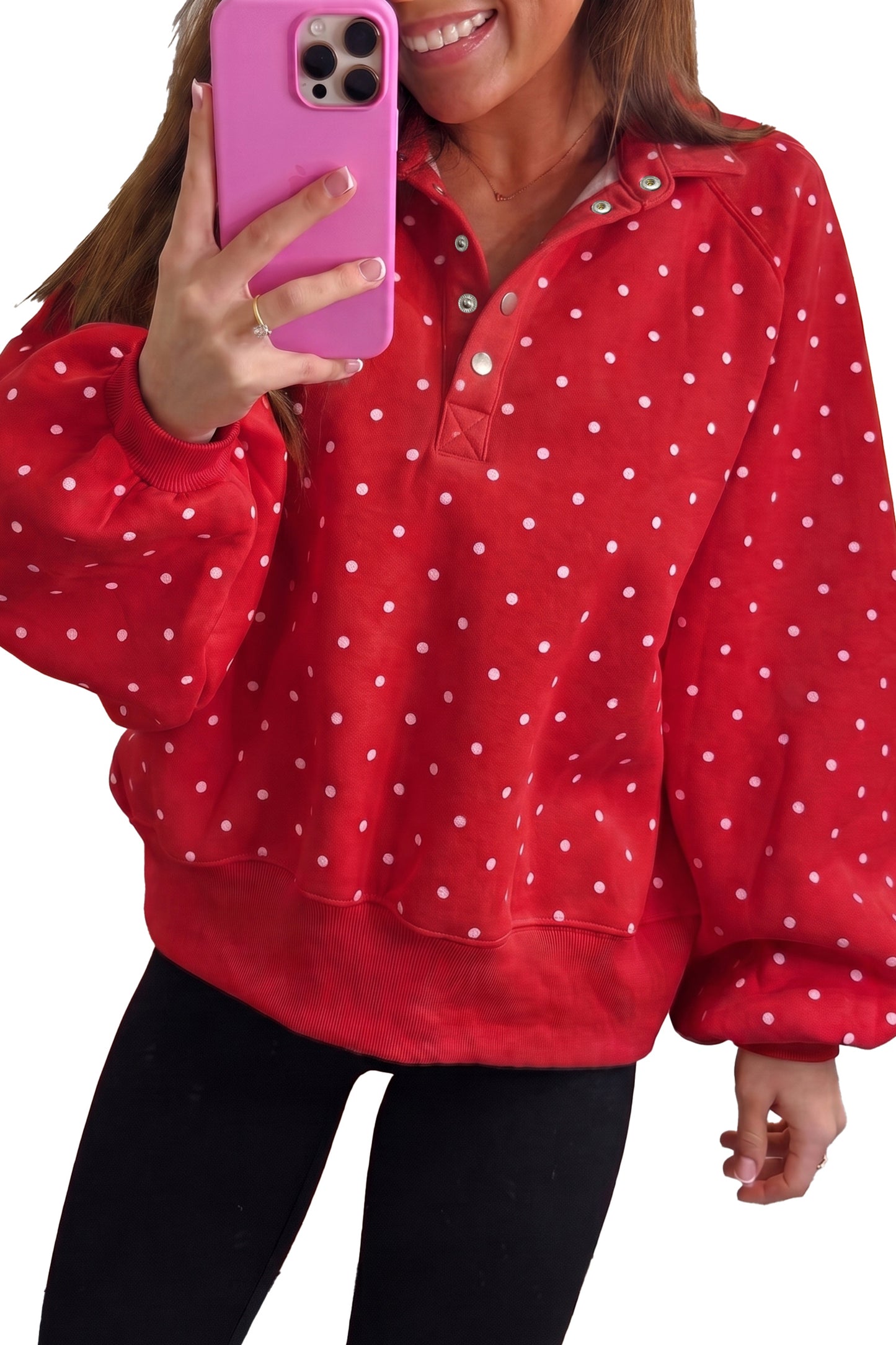 Polka Dot Print Metal Button Collar Casual Pullover