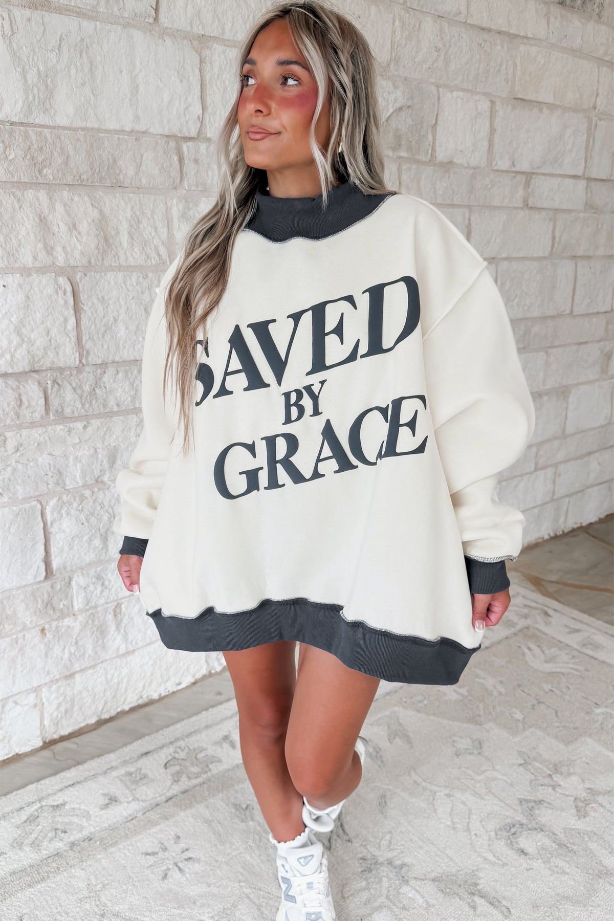 Saved By Grace Print Color Block Mock Neck Oversized Sweatshirt