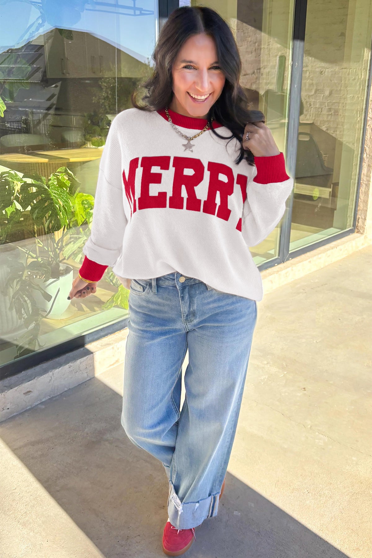 Beige Color Block Trim Merry Sweatshirt