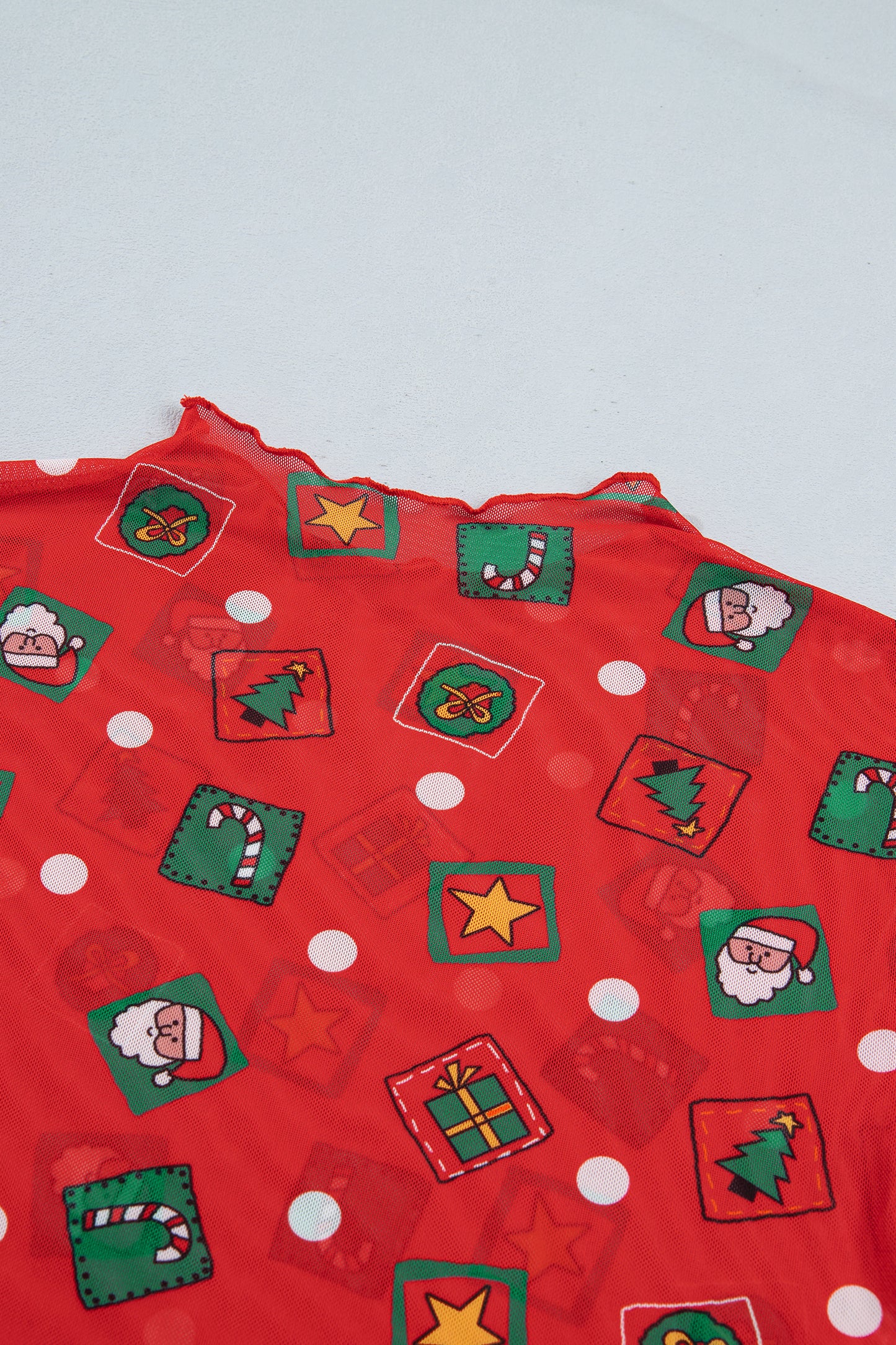 Fiery Red Christmas Elements Printed Long Sleeve Mesh Top