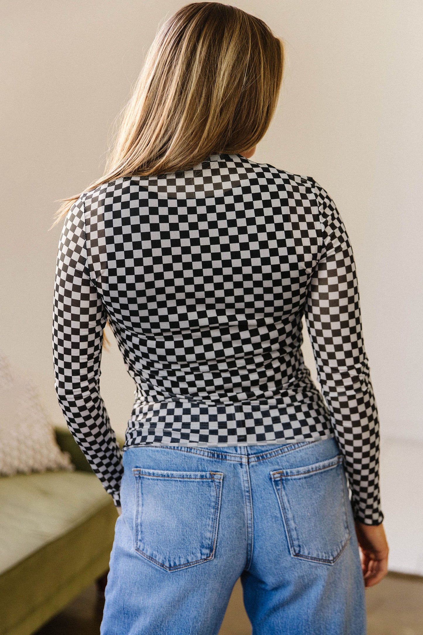 Black Plaid Long Sleeve Mesh Top