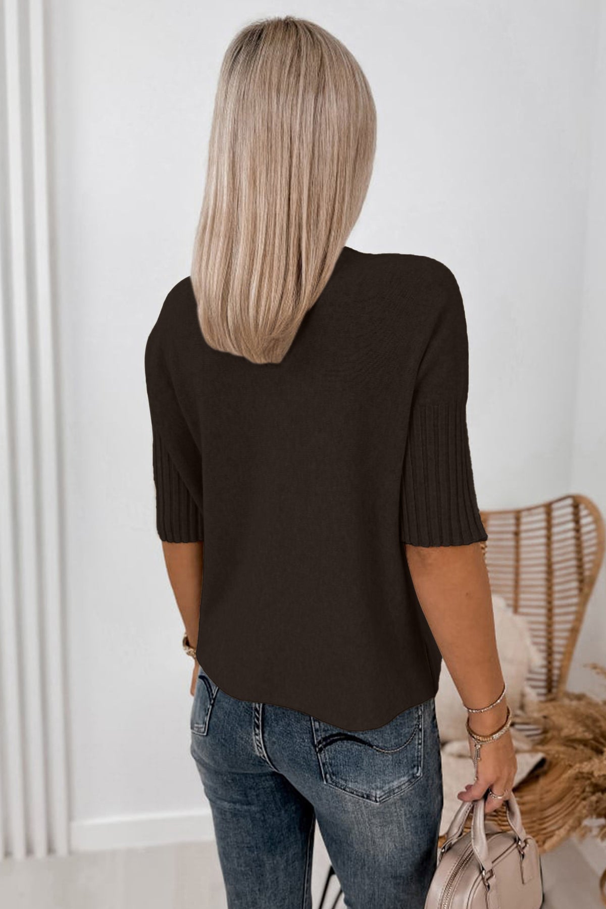 Ribbed Trim High Neck Short Sleeve Casual Sweater