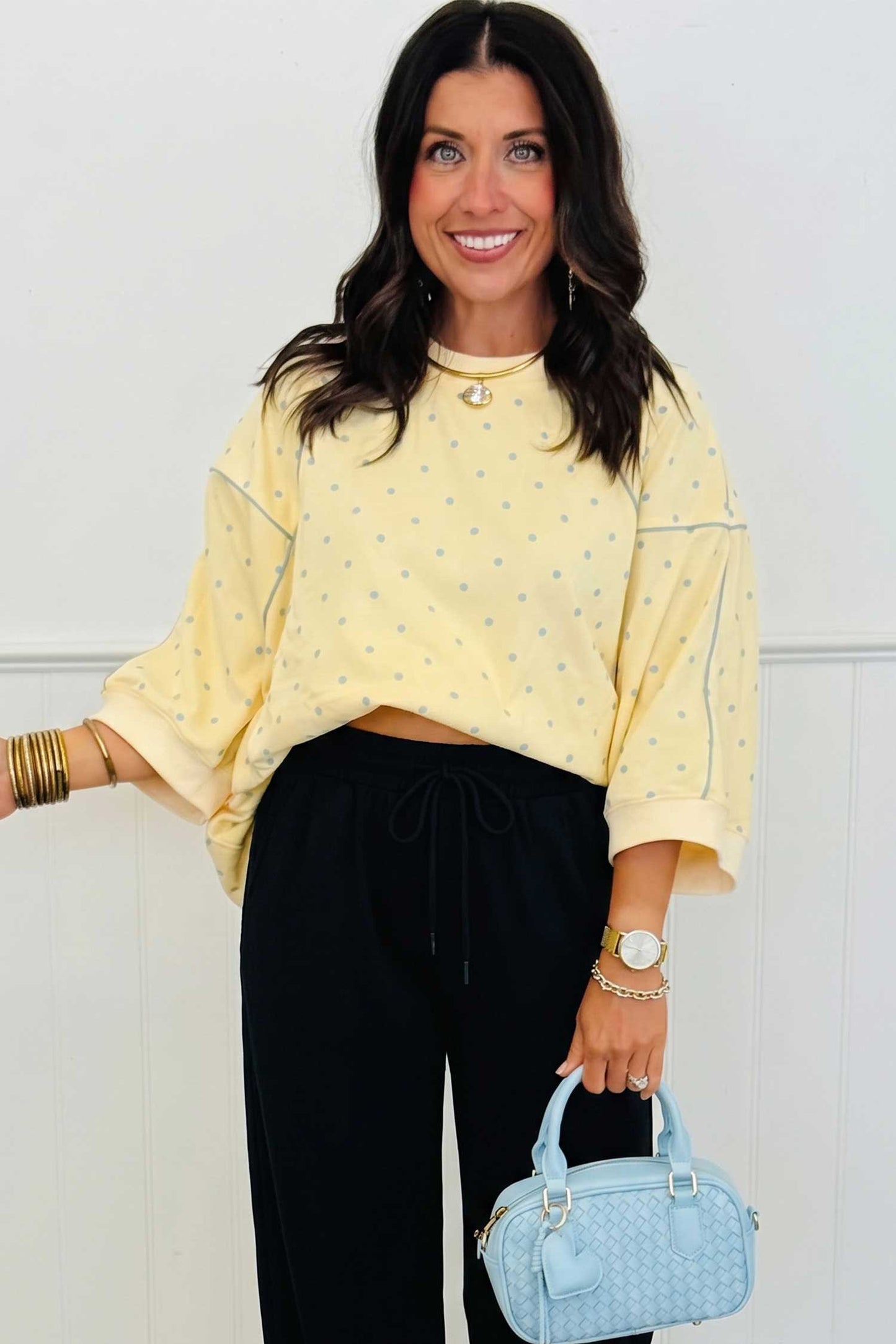 Yellow Polka Dot Print Piping Trim Relaxed Top