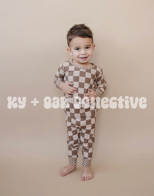 Ribbed Bamboo Two Piece Set | Latte Checkered - RTS