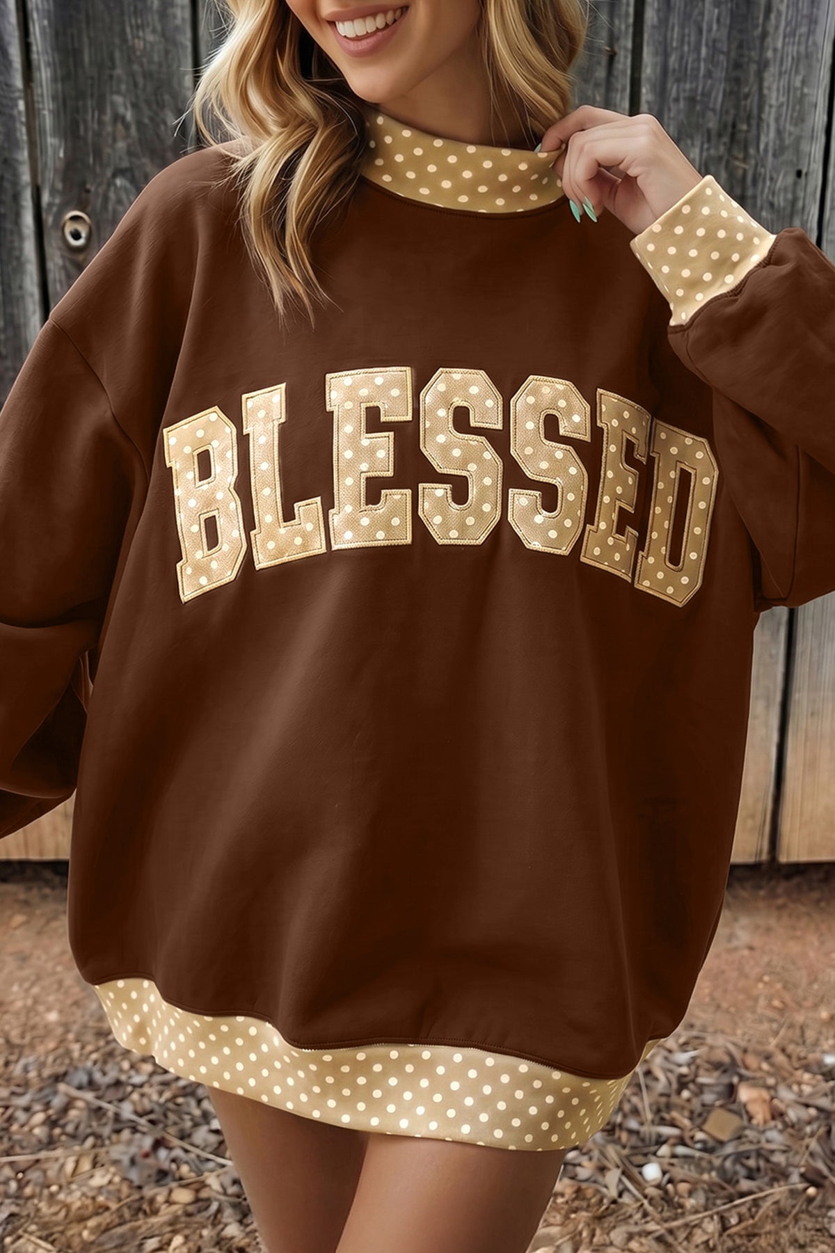 Polka Dot Trim BLESSED Graphic Baggy Sweatshirt