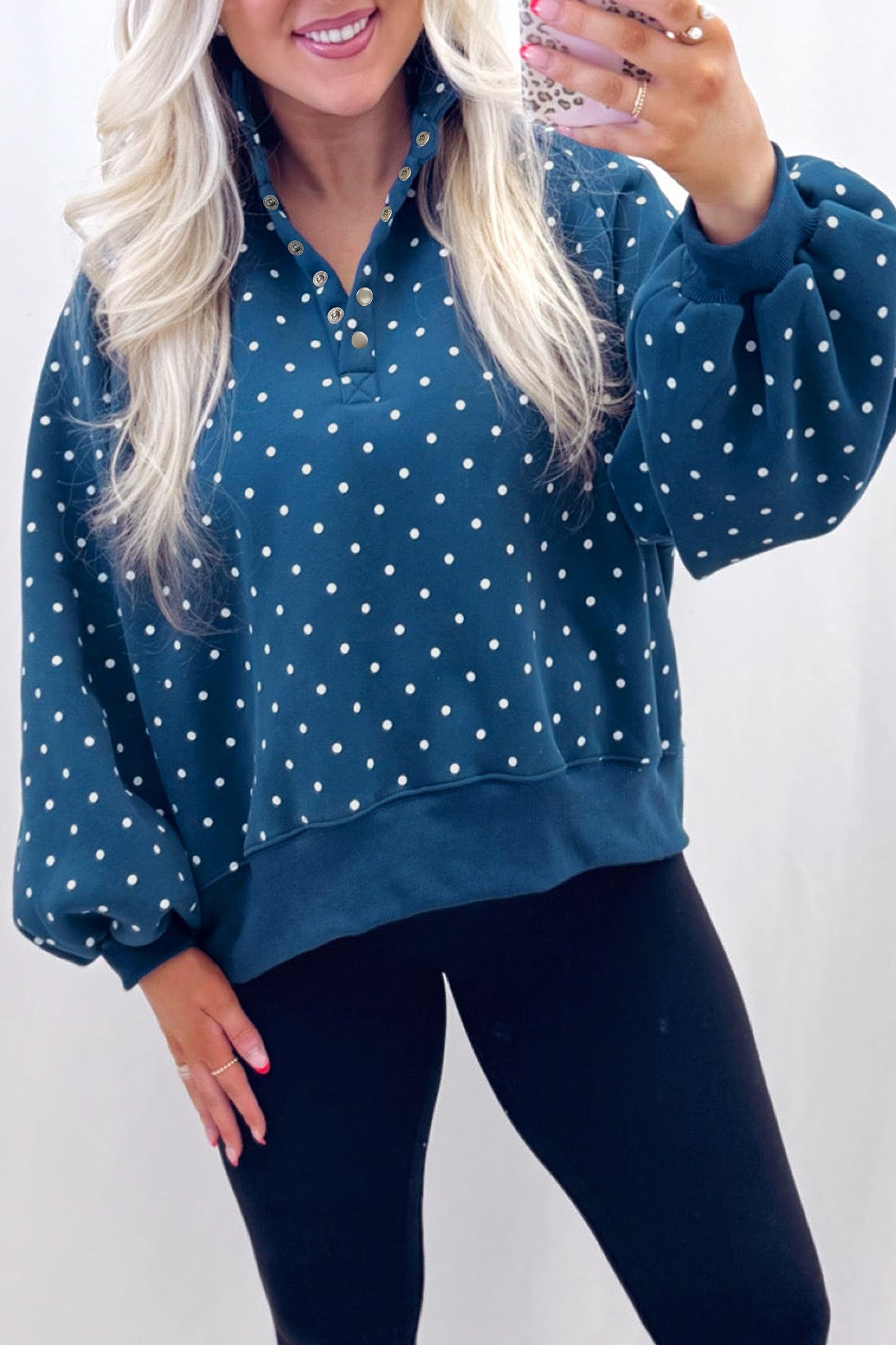 Polka Dot Print Metal Button Collar Casual Pullover