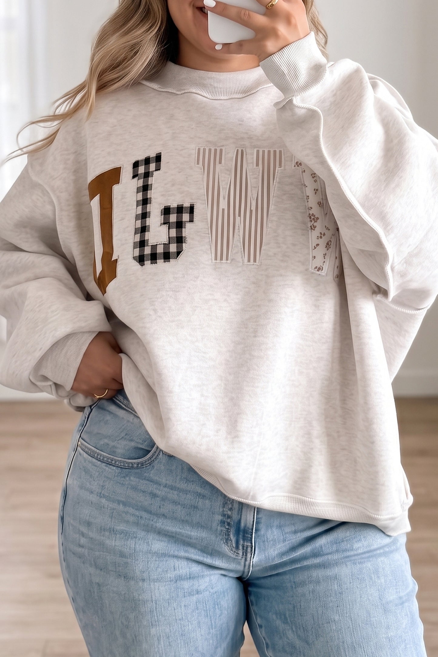 WWJD Mix Pattern Letter Graphic Exposed Seam Loose Plus Size Sweatshirt