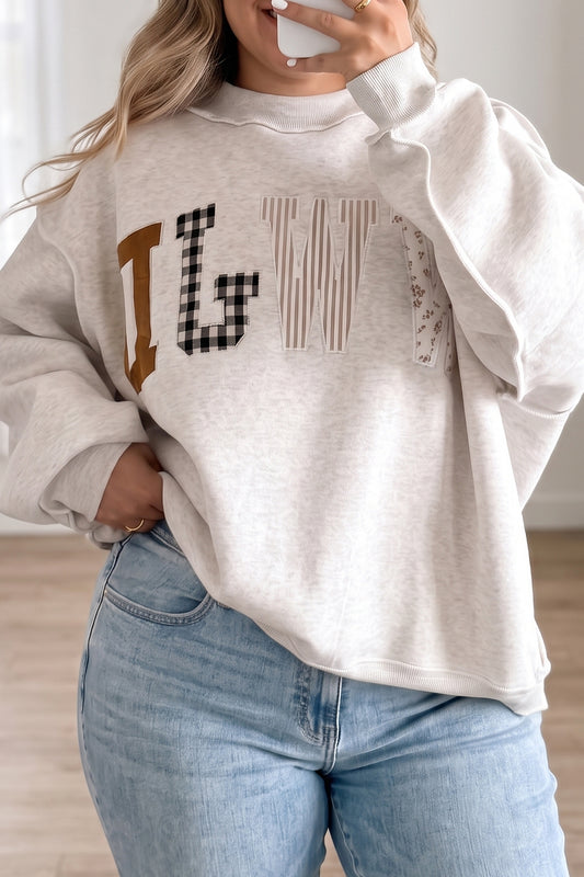 WWJD Mix Pattern Letter Graphic Exposed Seam Loose Plus Size Sweatshirt