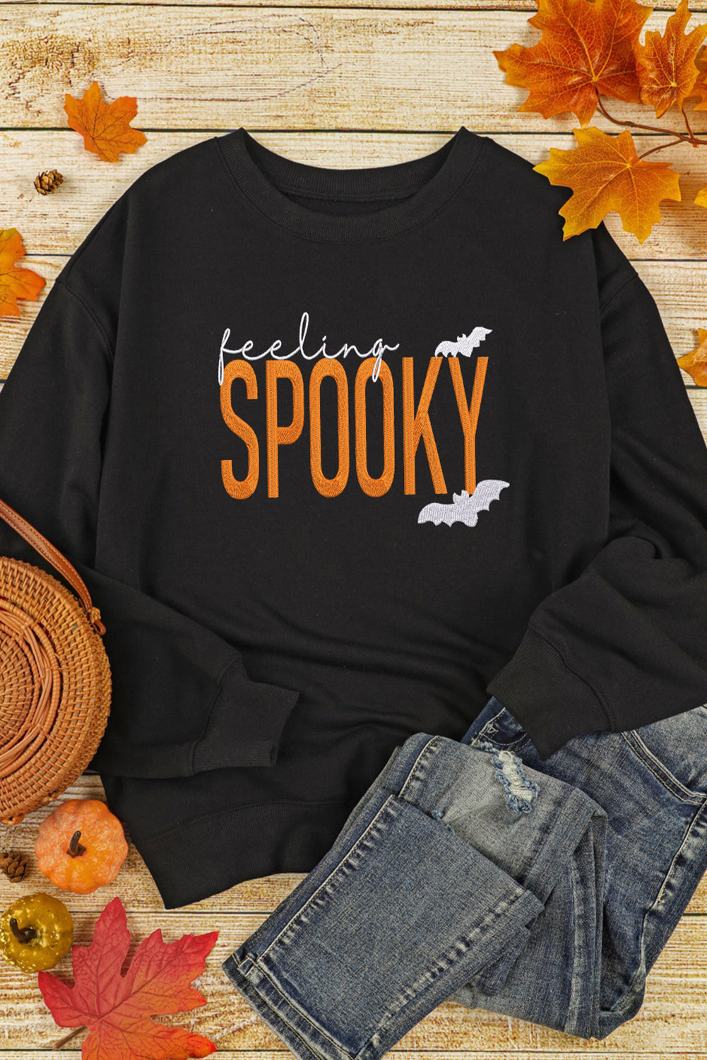 Feeling Spooky Halloween Embroidered Graphic Baggy Sweatshirt