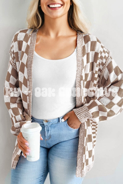 Brown + White Checkered Cardigan