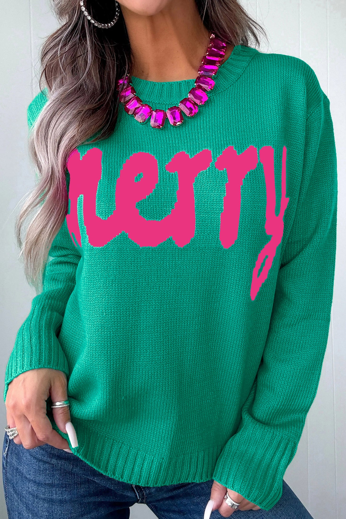 Merry Print Ribbed Trim Round Neck Loose Fit Sweater