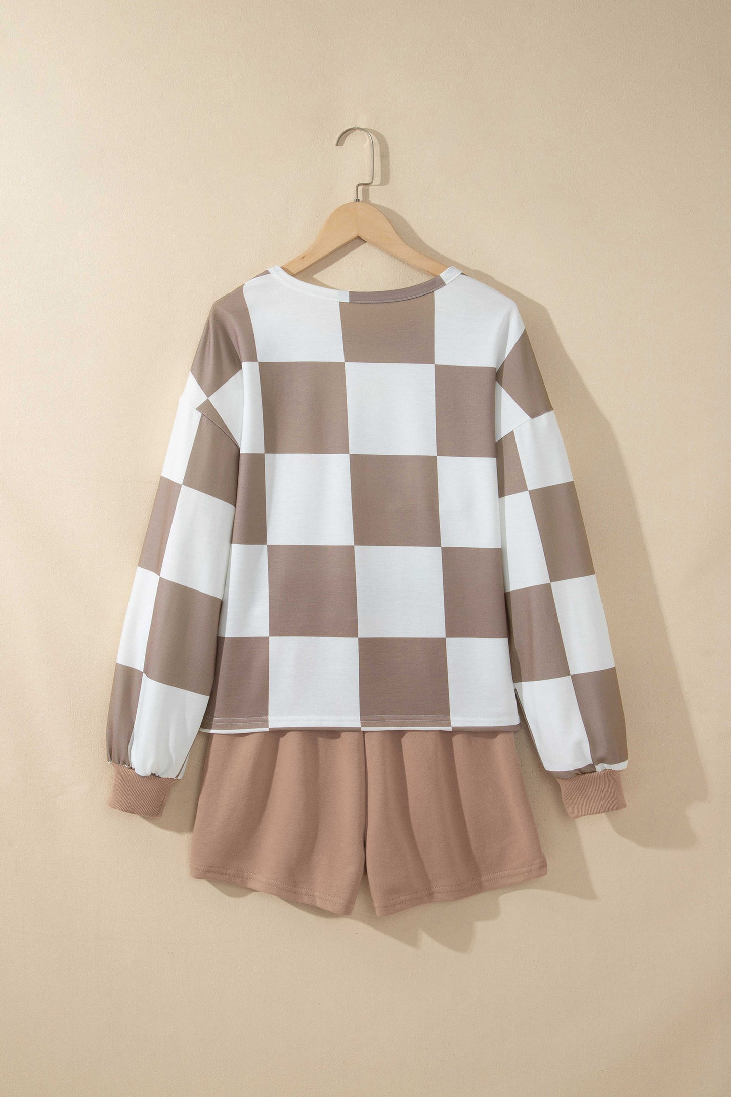 Checkered Long Sleeve Solid Color Shorts Set
