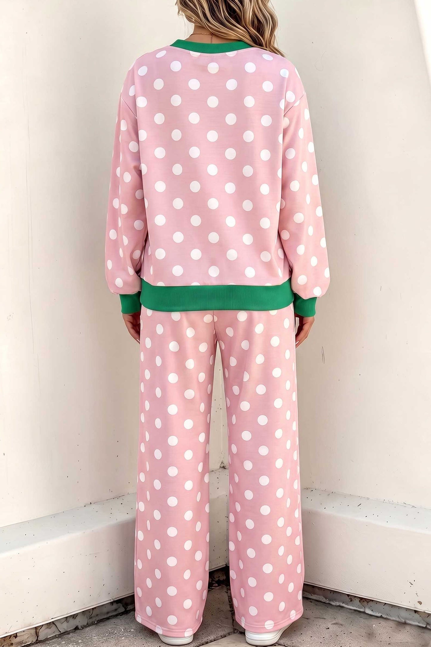 Polka Dot Contrast Trim Long Sleeve Top Drawstring Shift Pants Set