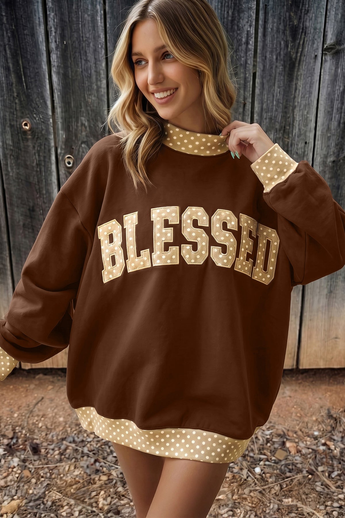 Polka Dot Trim BLESSED Graphic Baggy Sweatshirt