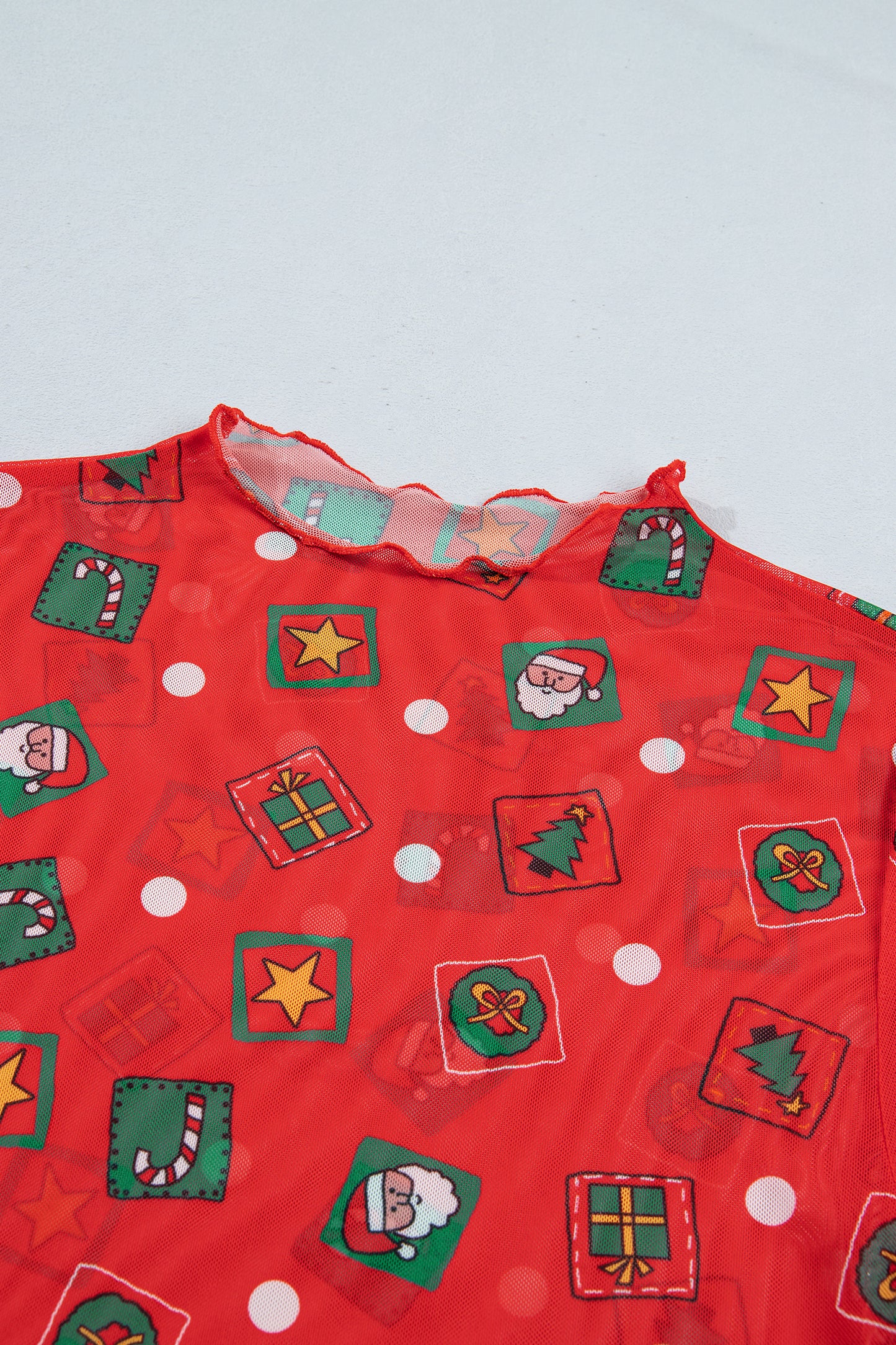 Fiery Red Christmas Elements Printed Long Sleeve Mesh Top