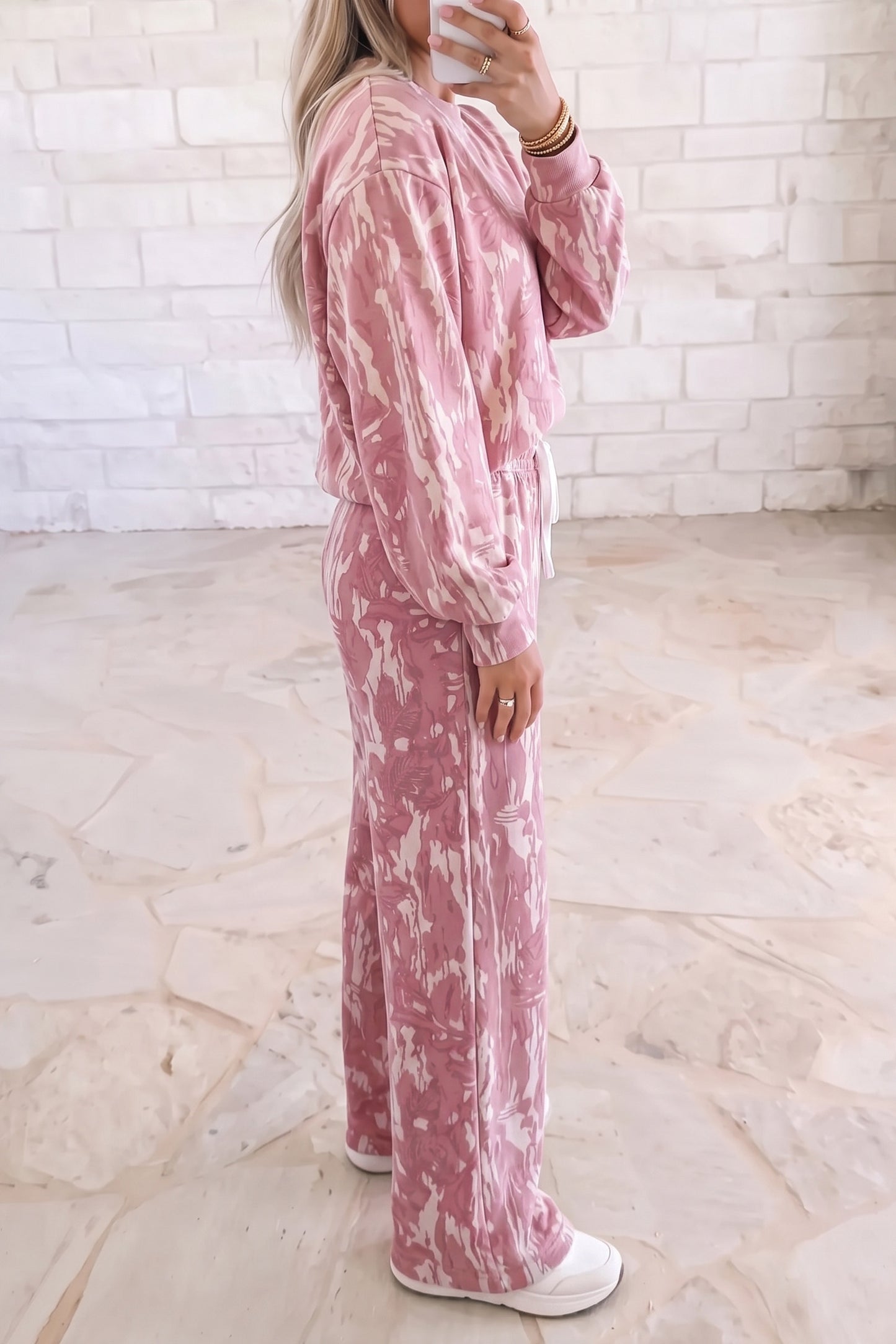 Pink Abstract Floral Print Loose Pullover Drawstring Pants 2pcs Set