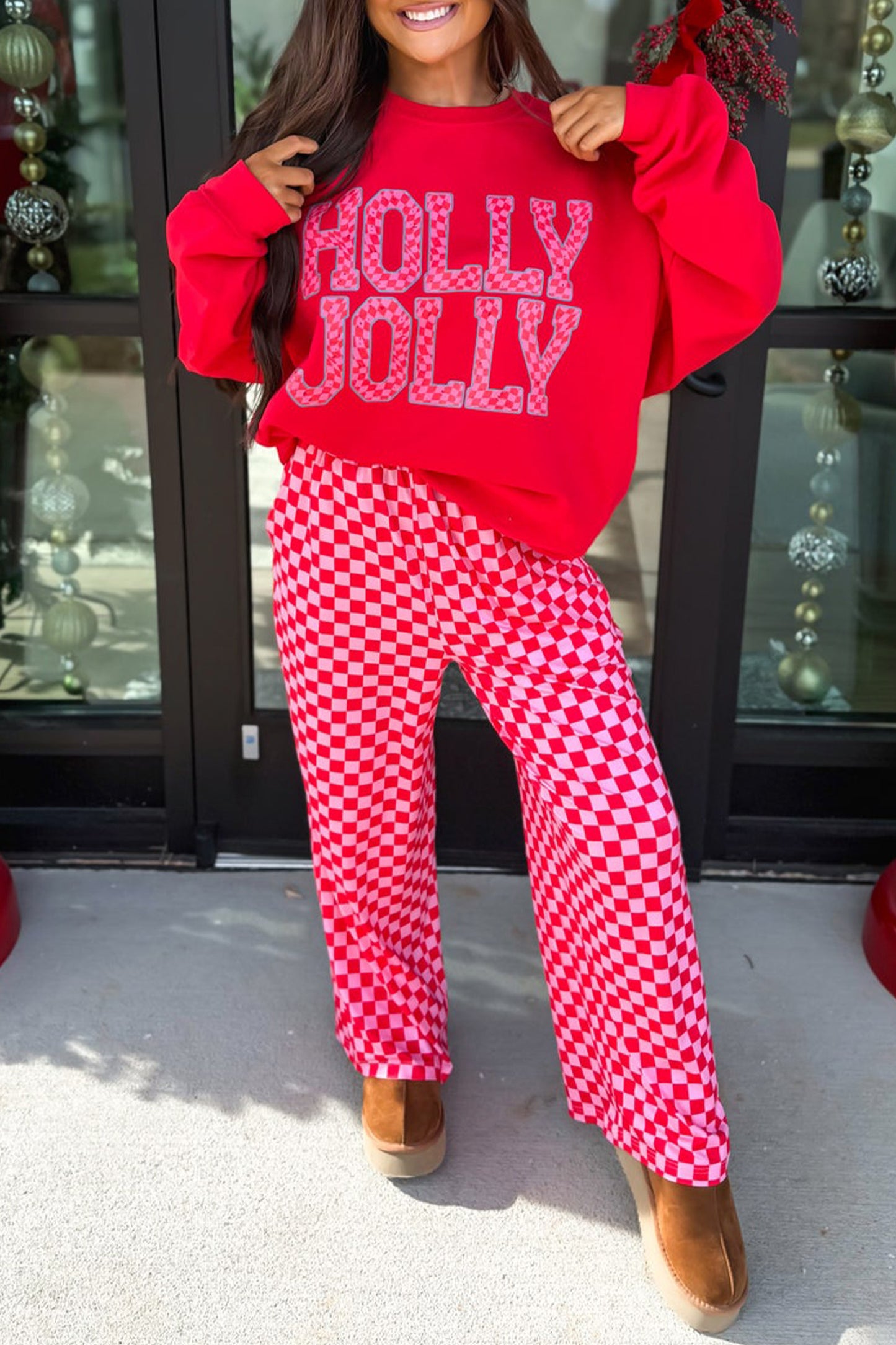 Red Christmas Graphic Plaid Contrast Pant Set